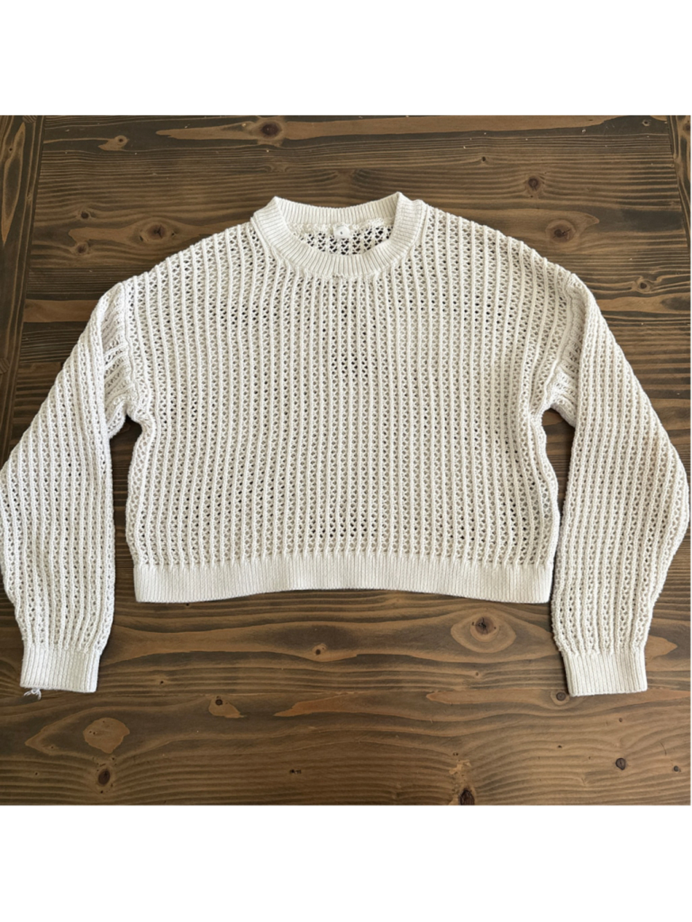 Women's Old Navy Open Knit Sweater Size S White Cotton Cropped Crew Neck